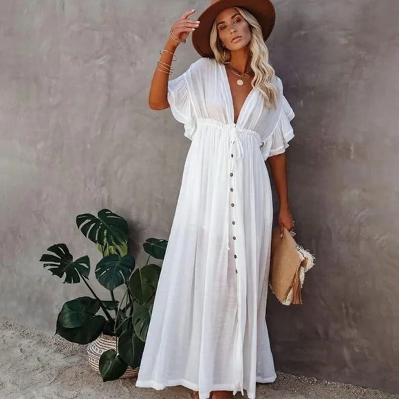 Elegant White Kimono Beach Maxi Dress - Picture 2 of 3
